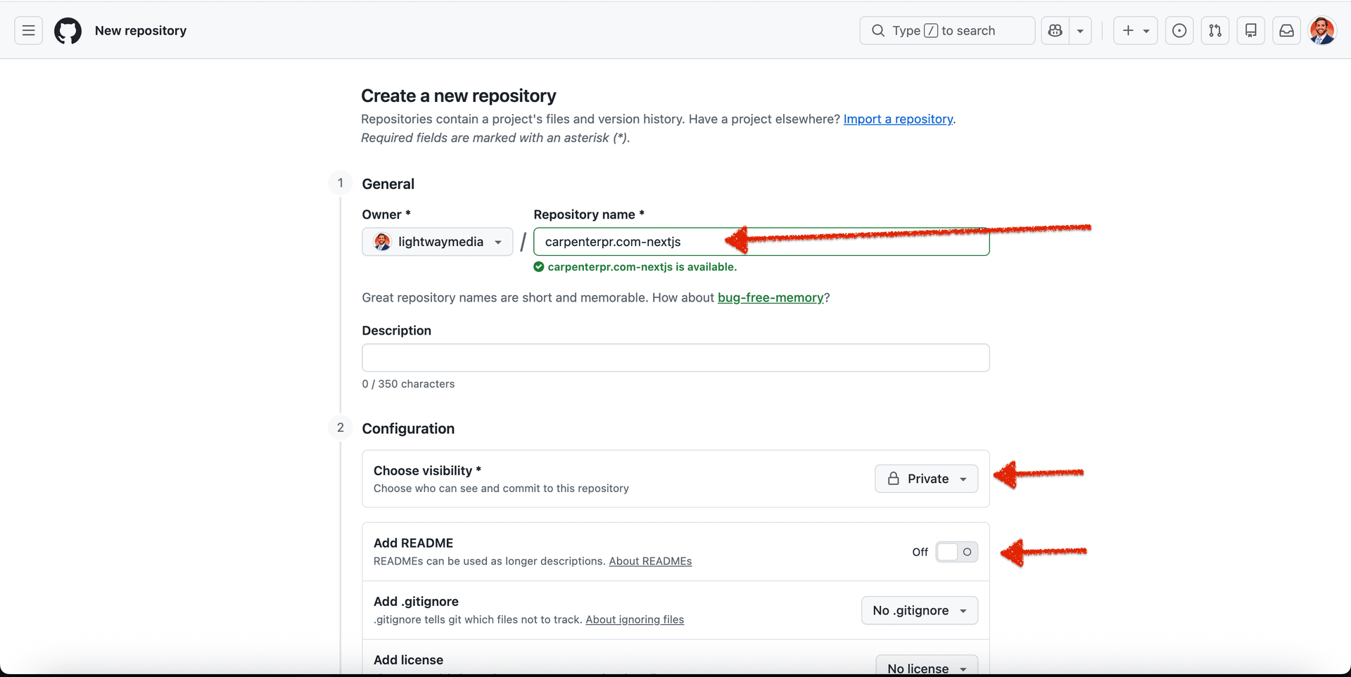 Name your repository and set it to private without a README