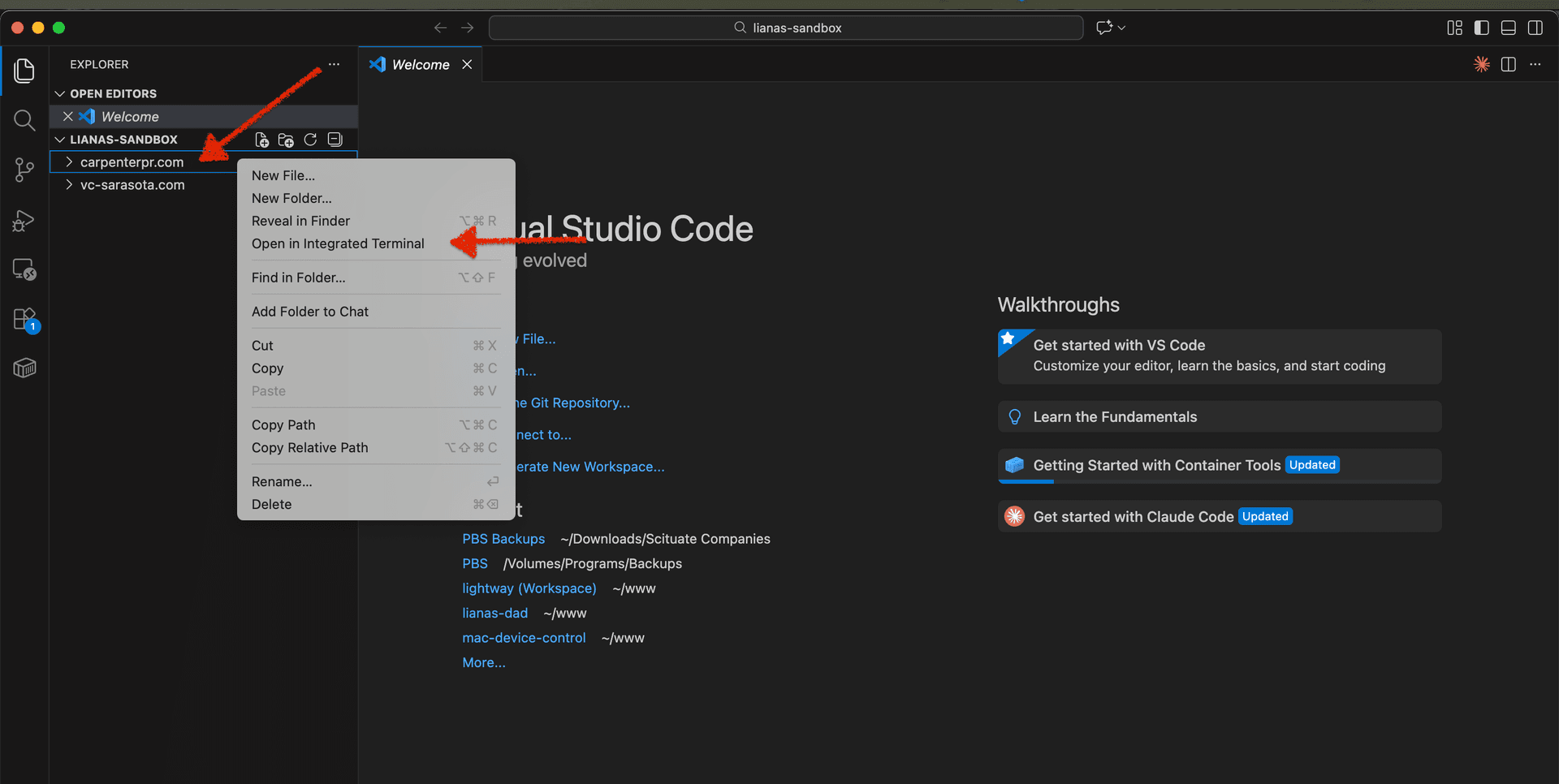 Right-click folder and open in integrated terminal