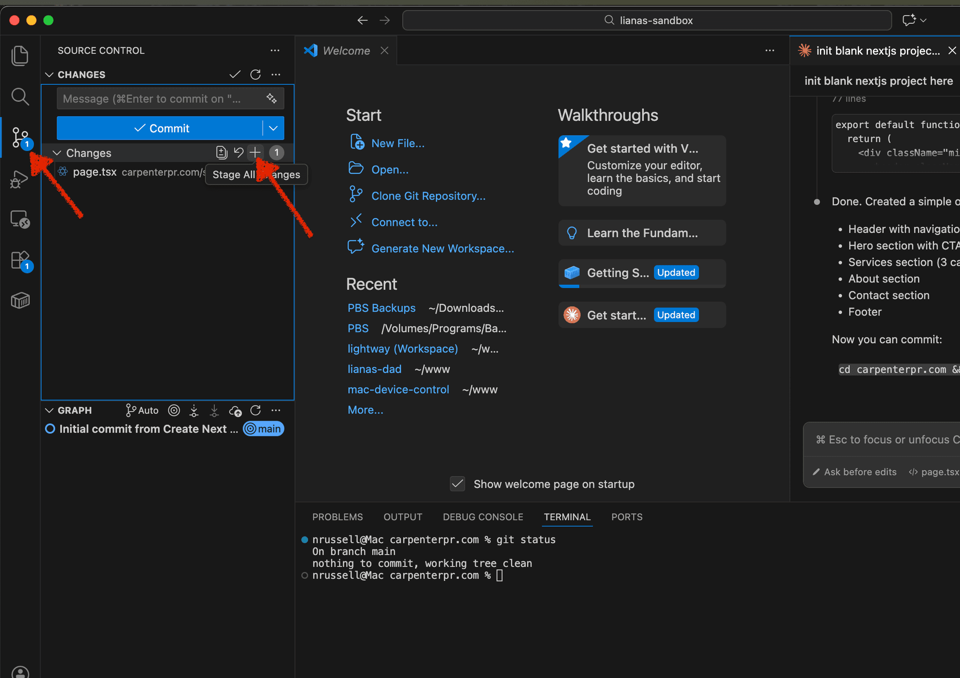 Stage files for commit in VS Code