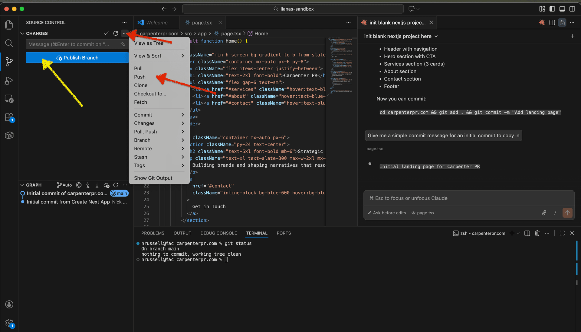 Click three dots then push, or click publish branch